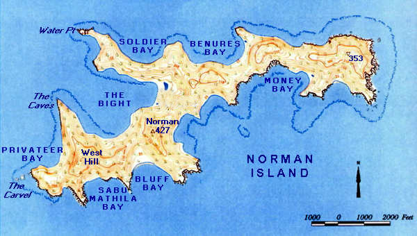 map of Norman Island and the Bight beach where the chests are buried