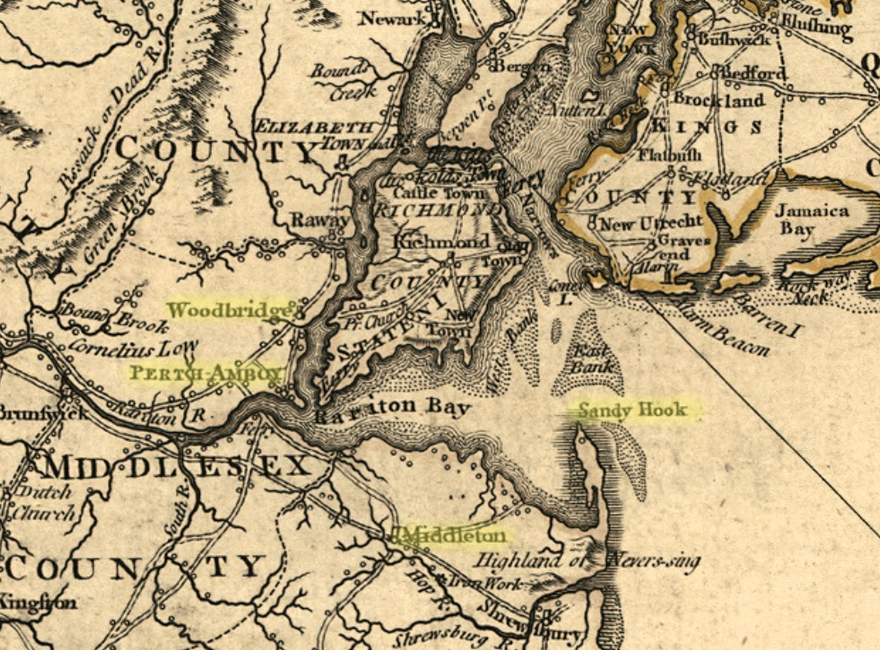 Sandy Hook and Raritan Bay, New Jersey towns circa 1775